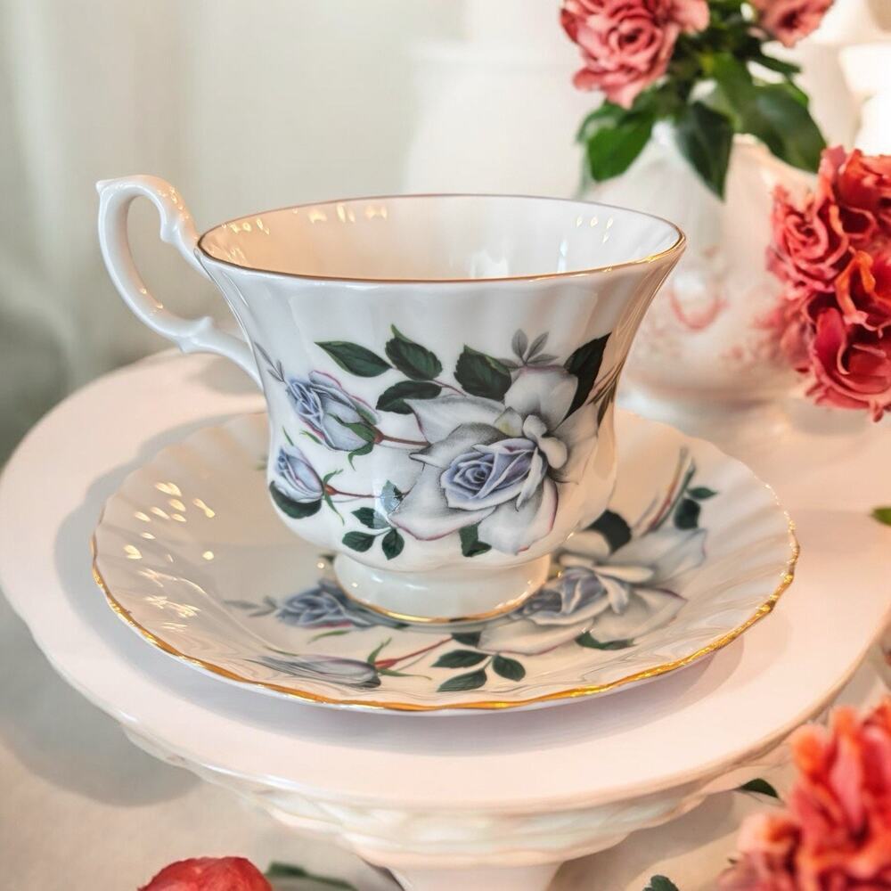 Vintage Royal Albert Pale Blue Roses Tea Cup Saucer England Bone China